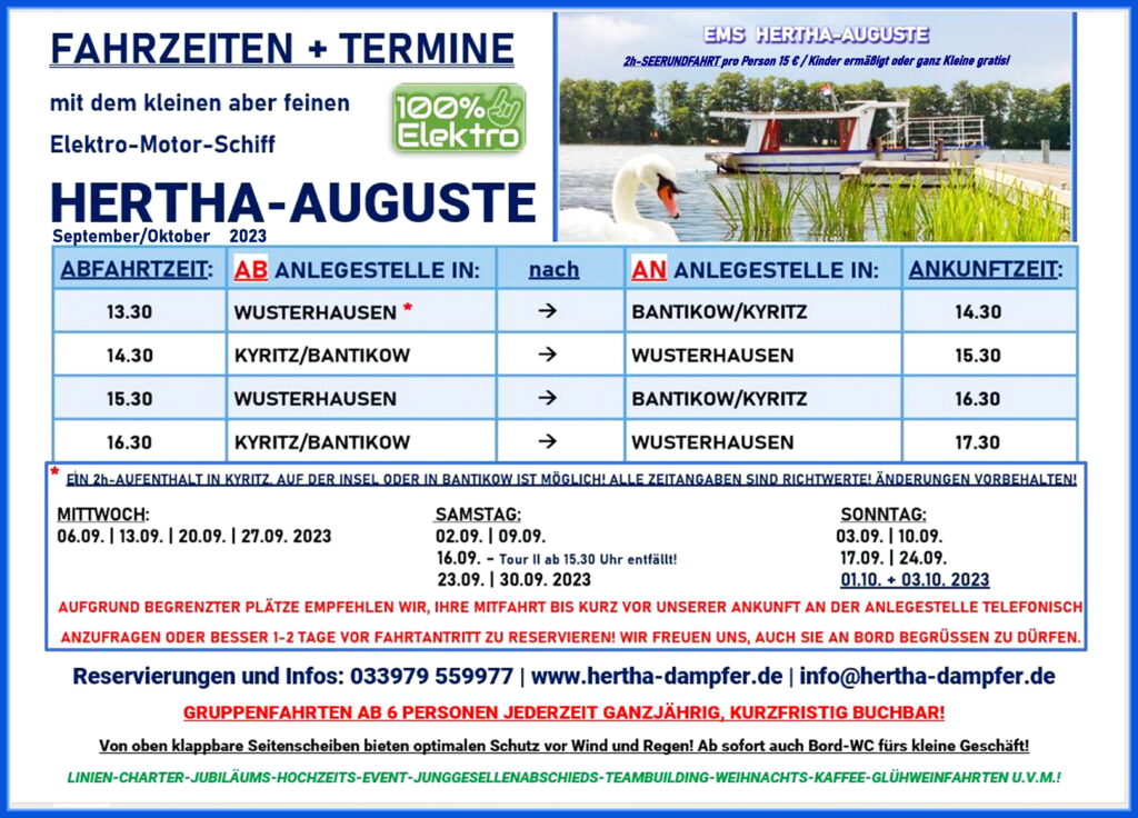 Fahrplan Charterfahrt Fahrgastschiff HERTHA AUGUSTE auf der Kyritzer Seenkette 2023