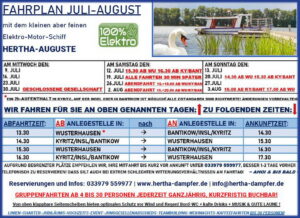 Fahrgastschifffahrt Wusterhausen/Dosse - Kyritzer Seenkette- Bootstour mit Elektro-Motorschiff HERTHA-AUGUSTE
