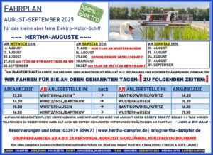 Fahrplan August 2025 - Fahrgastschifffahrt Wusterhausen/Dosse - Kyritzer Seenkette- Bootstour mit Elektro-Motorschiff HERTHA-AUGUSTE